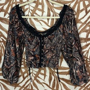 Free People Top paisley bell sleeve blouse semi crop top boho classy button down